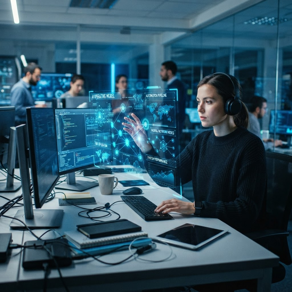 Abstract futuristic workspace with connected data nodes