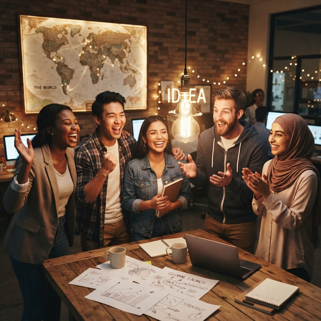 Entrepreneurs brainstorming around a glowing lightbulb idea