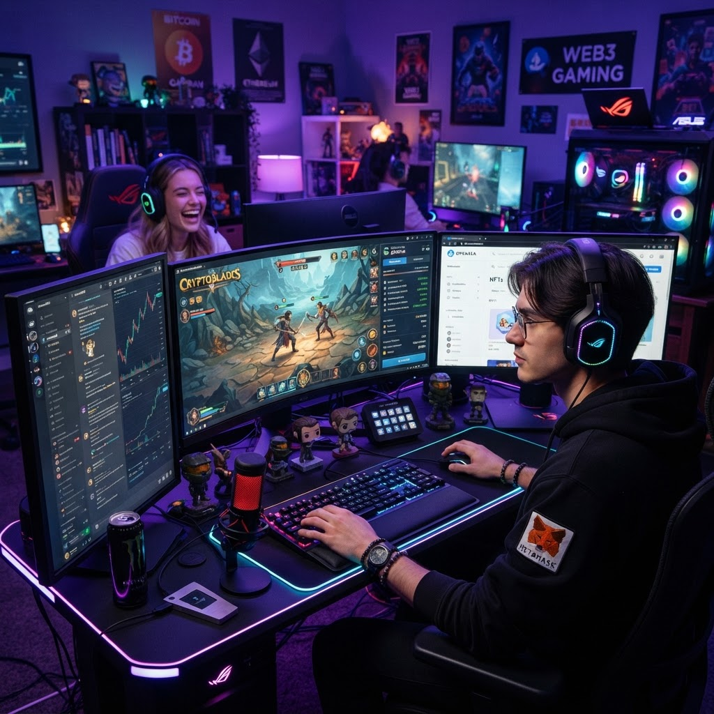 Colourful gaming desk with multiple monitors and RGB lighting